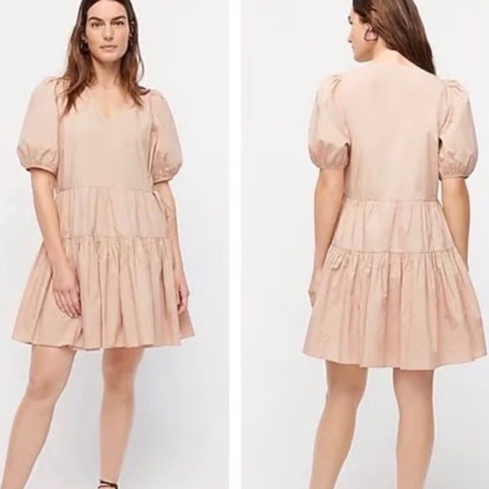J.Crew Women LP Warm Clay Boho Puff-Sleeve Cotton Poplin Tiered Wrap Dress